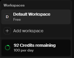 Captura de la interfaz de Krea: Default Workspace · Free — 92 Credits remaining · 100 per day