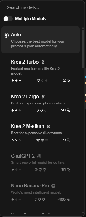 Captura de la interfaz de Krea: Auto — Chooses the best model for your prompt & plan automatically. Krea 2 Turbo 2. Krea 2 Large 20. Krea 2 Medium 9. ChatGPT 2 ~75. Nano Banana Pro ~100.
