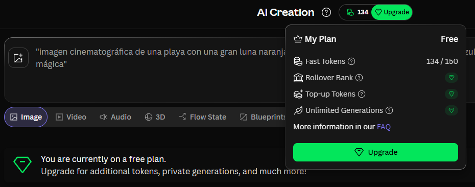 Captura de la interfaz de Leonardo AI: My Plan — Free. Fast Tokens 134 / 150. You are currently on a free plan. Upgrade for additional tokens, private generations, and much more!